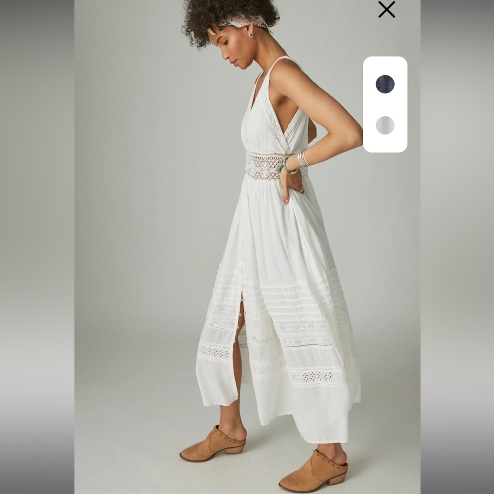 Sz XS EUC Lucky Brand white lace v neck button front summer dress with pockets - Picture 3 of 9